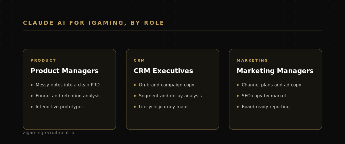 How iGaming teams use Claude AI for iGaming: product managers turn notes into PRDs, CRM executives build segments and journeys, marketing managers create channel plans and board reports.