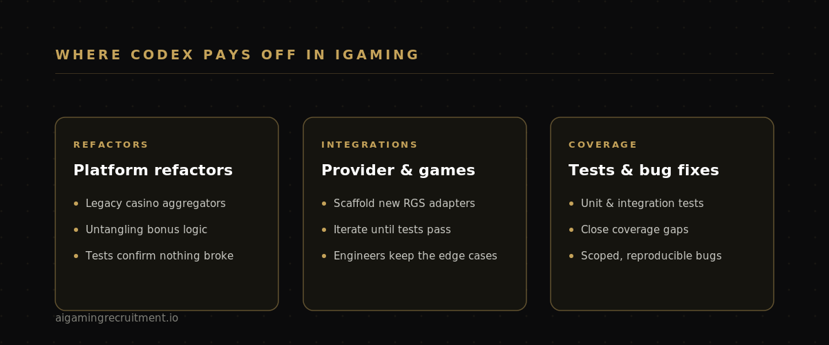 Where Codex pays off in iGaming: platform refactors, provider and game integrations, and test coverage with bug fixes.